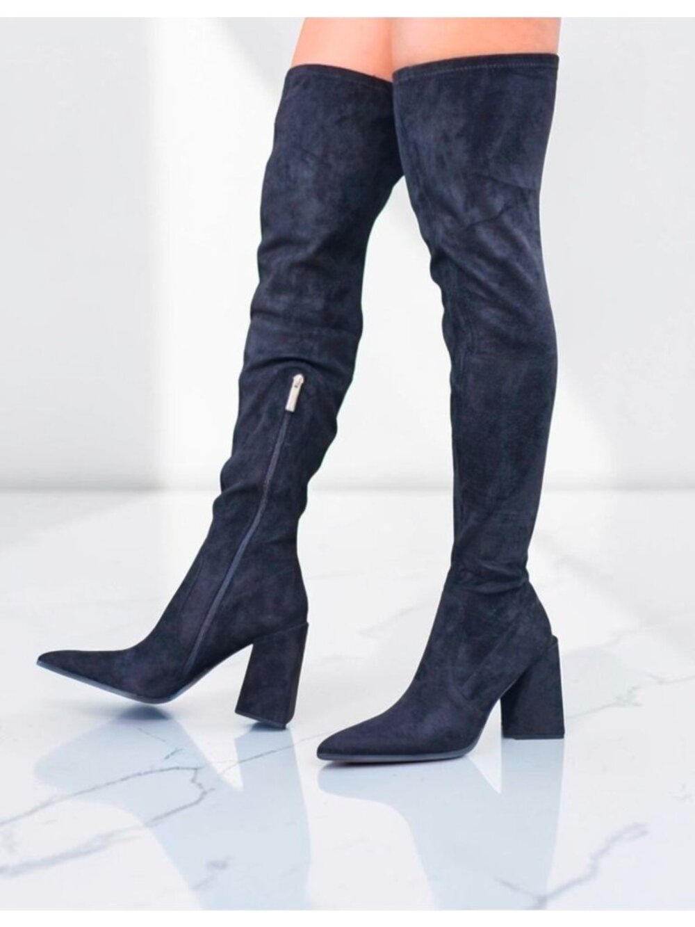 Over-The-Knee Black Faux Suede Heeled Boots With Side Zipper & Pointed Toe Women
